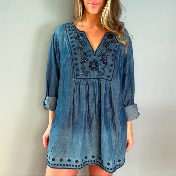 Gorgeous Vintage America Navy Blue with Embroidery and Gold Bead Blouse or Dress - Picture 2 of 11